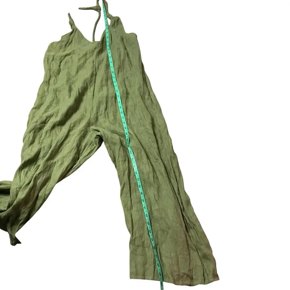Zara Jumpsuit L Green Linen Palazzo Wide Leg Boho Cropped‎ Lagenlook